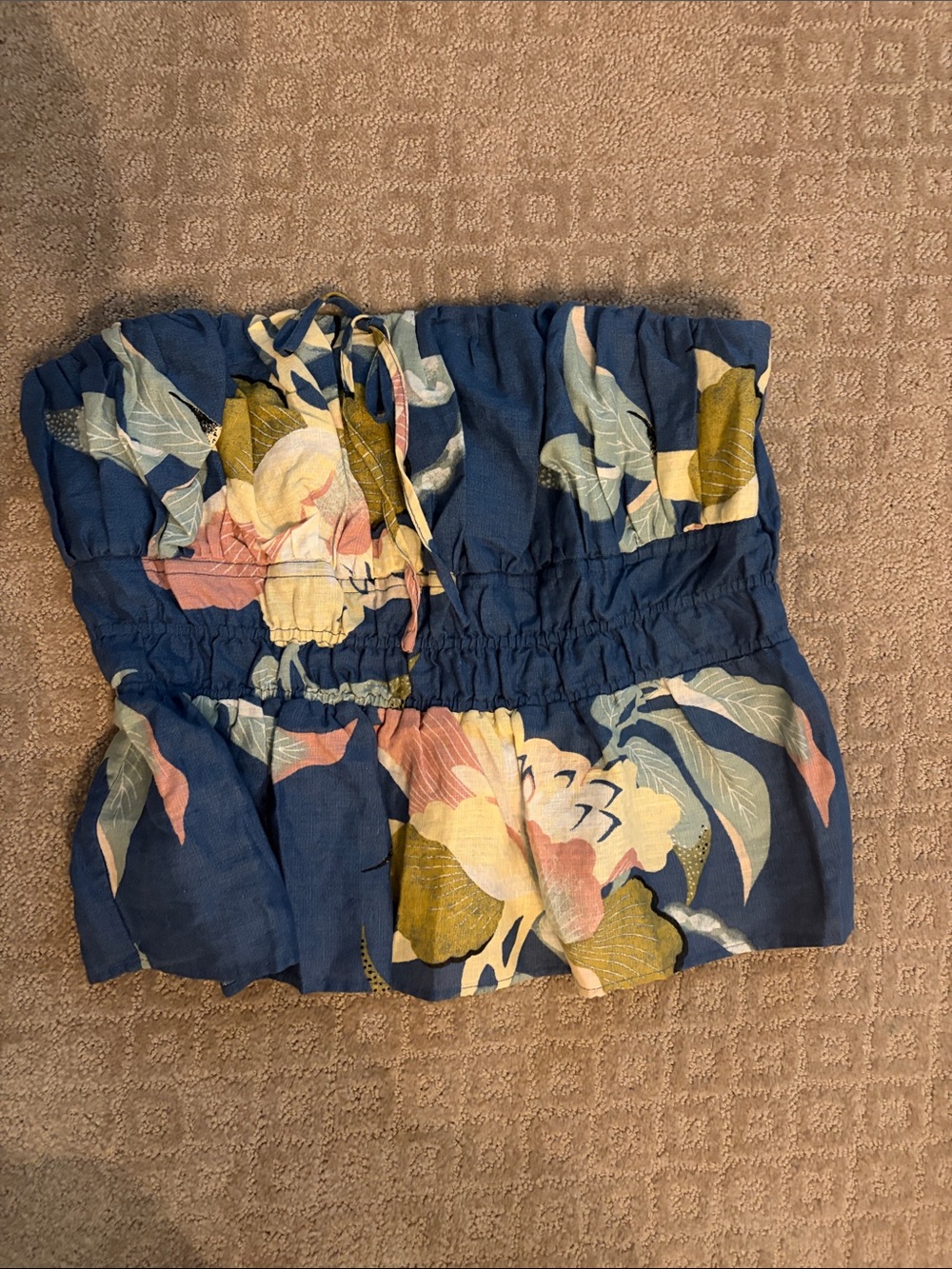 Anthropologie Blue Smocked linen strapless peplum top